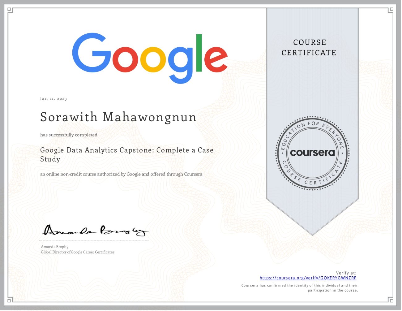 Google Data Analytics certificate
